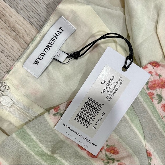 NWT WeWoreWhat Green Pink Floral Vertical Stripe Puff Sleeve Midi Dress Size 12 - Picture 4 of 10